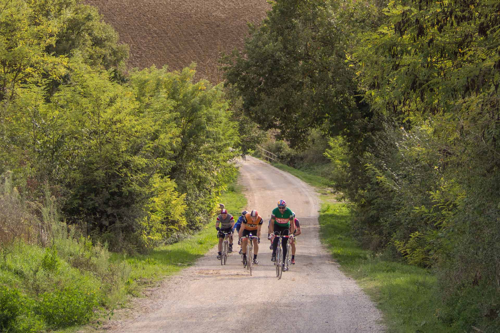 Ciclisti affrontano una salita sterrata tra alberi e colline